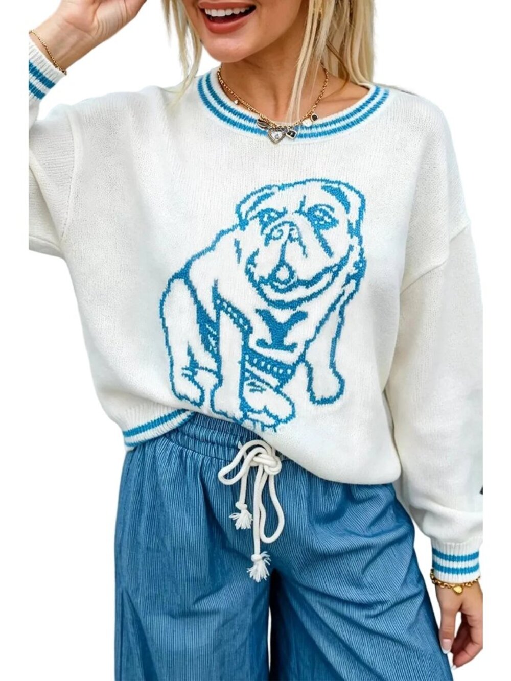 Bulldog Graphic Crew Neck Knit Sweater Varsity Stripe Long Sleeve Dog Pullover